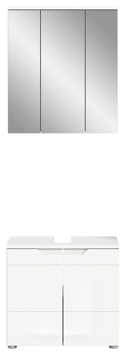Badspiegelschrank mit hochglänzenden weißen Fronten und drei schmalen Drehtüren