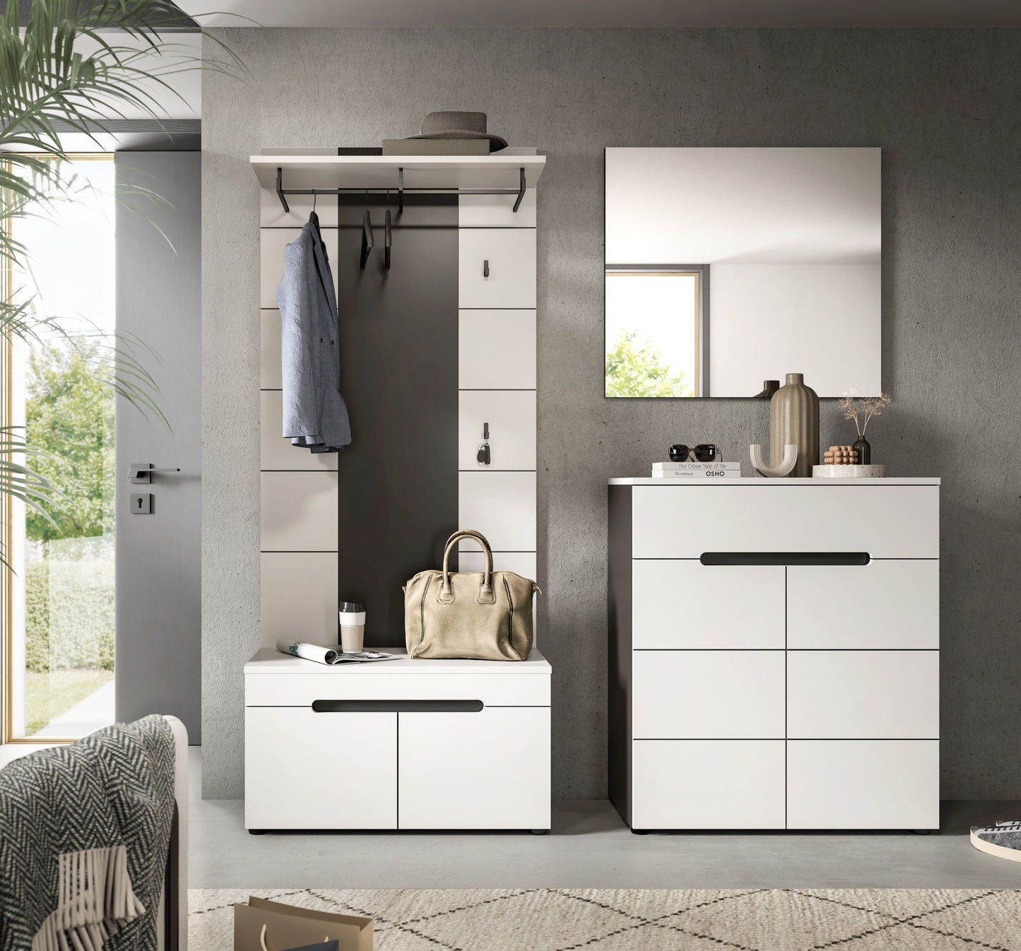 Homes & Jones Garderobenset 4-tlg., 1x Paneel, Sitzbank, Kommode und Spiegel