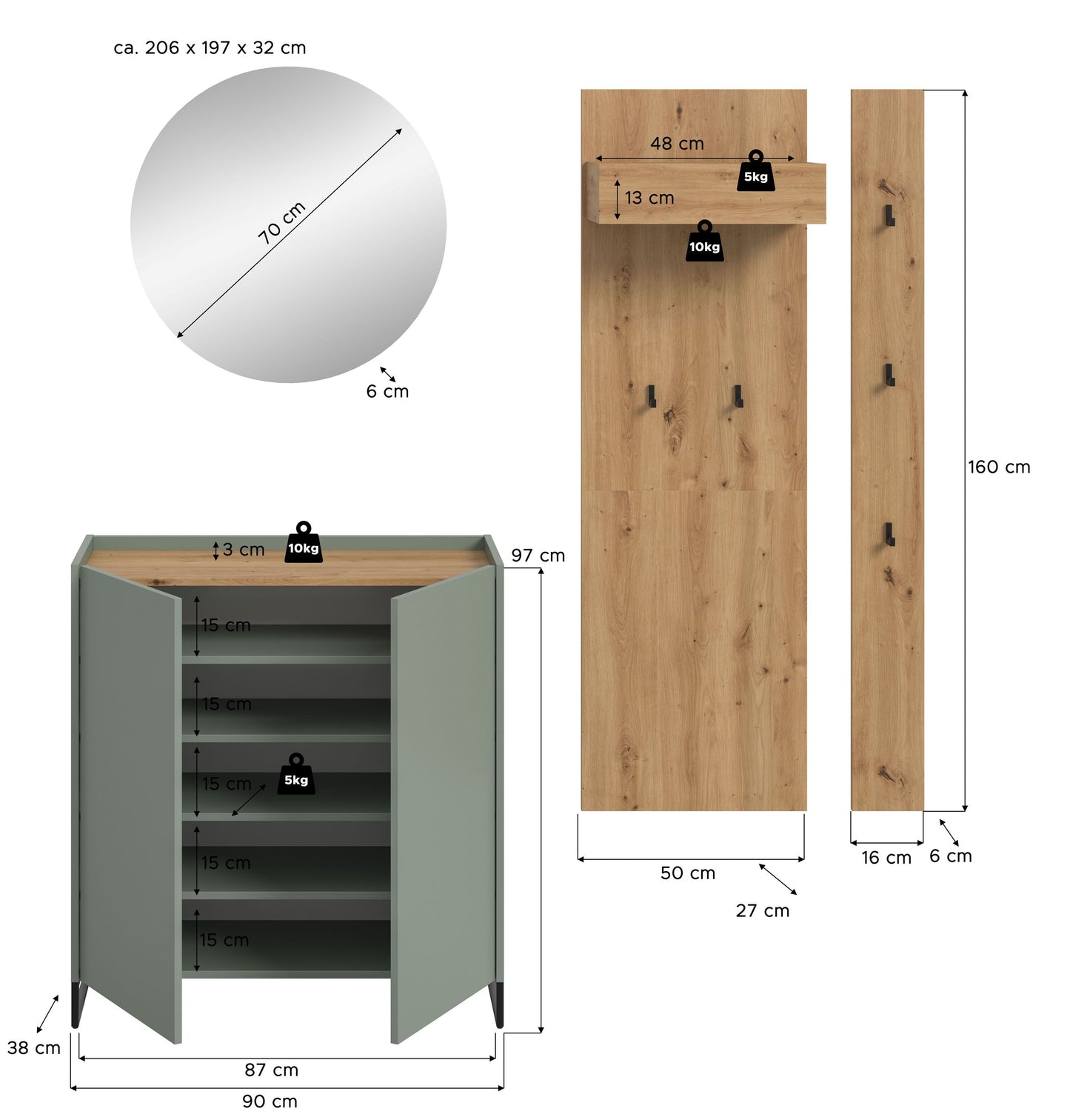 Ensemble de meubles d'entrée DRIVE (L/H/P : env. 206/197/38 cm) en sauge/sauge