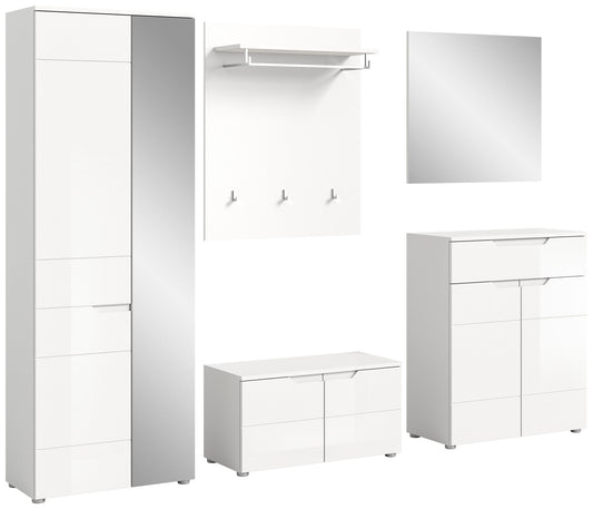 Homes & Jones Garderobenset (5-teilig): weißer Hochglanz-Schrank und Schuhbank