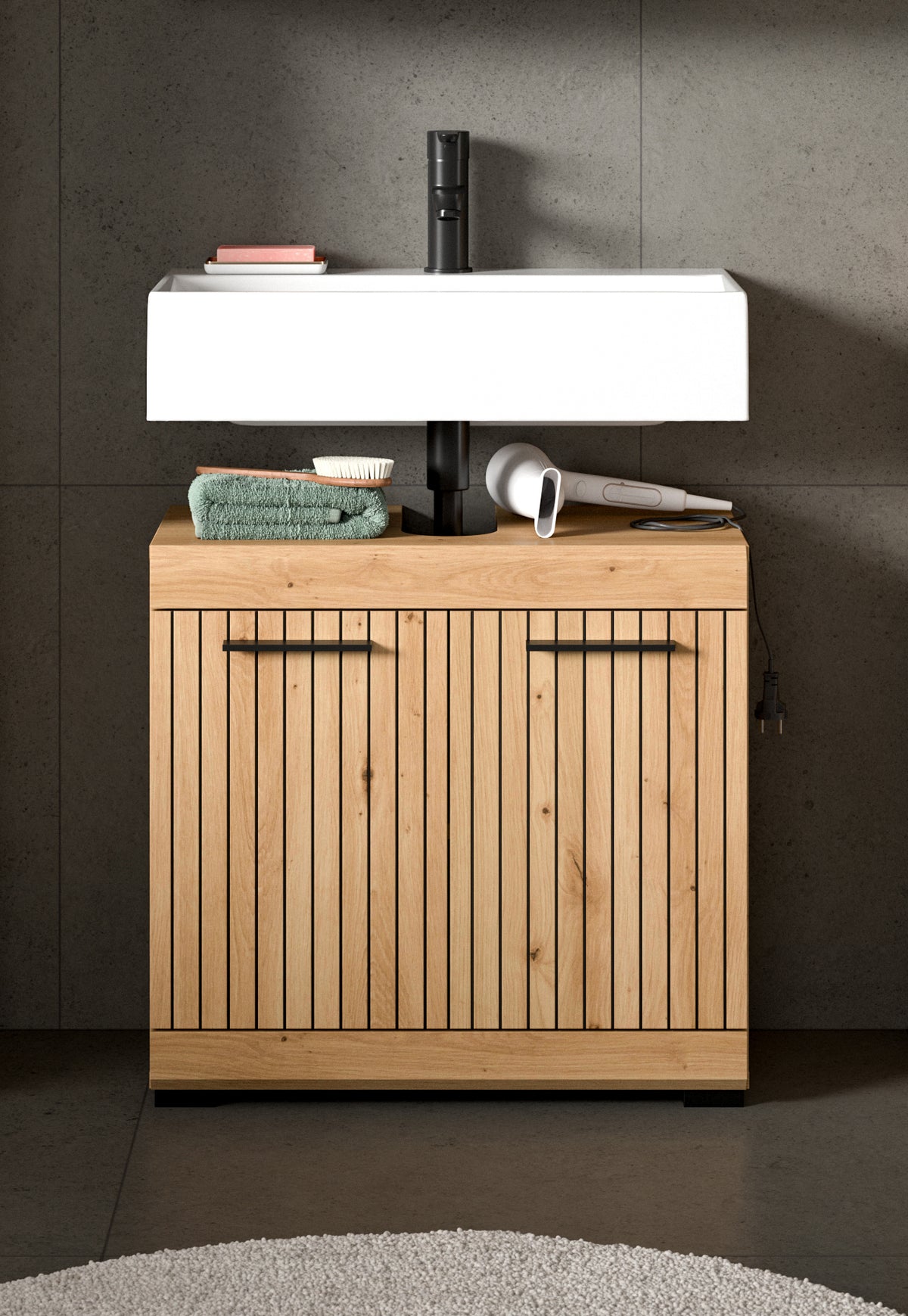 Waschbeckenunterschrank mit Waschbecken in hellem Holzdekor, Lamellentüren und Innenablage