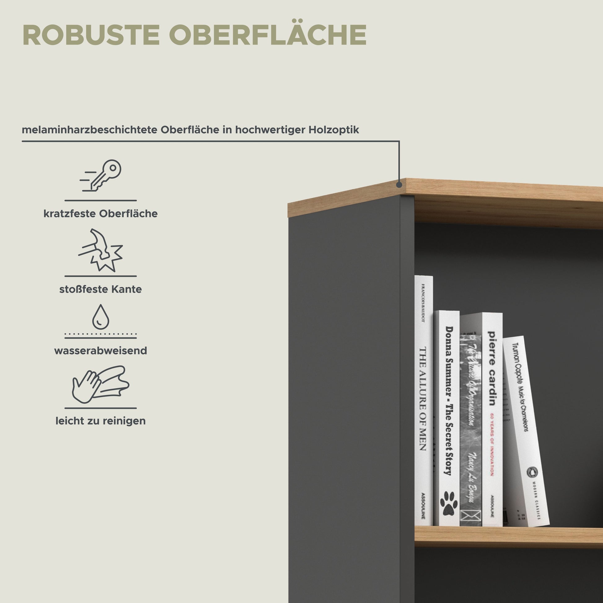 Aktenschrank mit Regal in Holzoptik und Anthrazit, Detailseite zur robusten Oberfläche