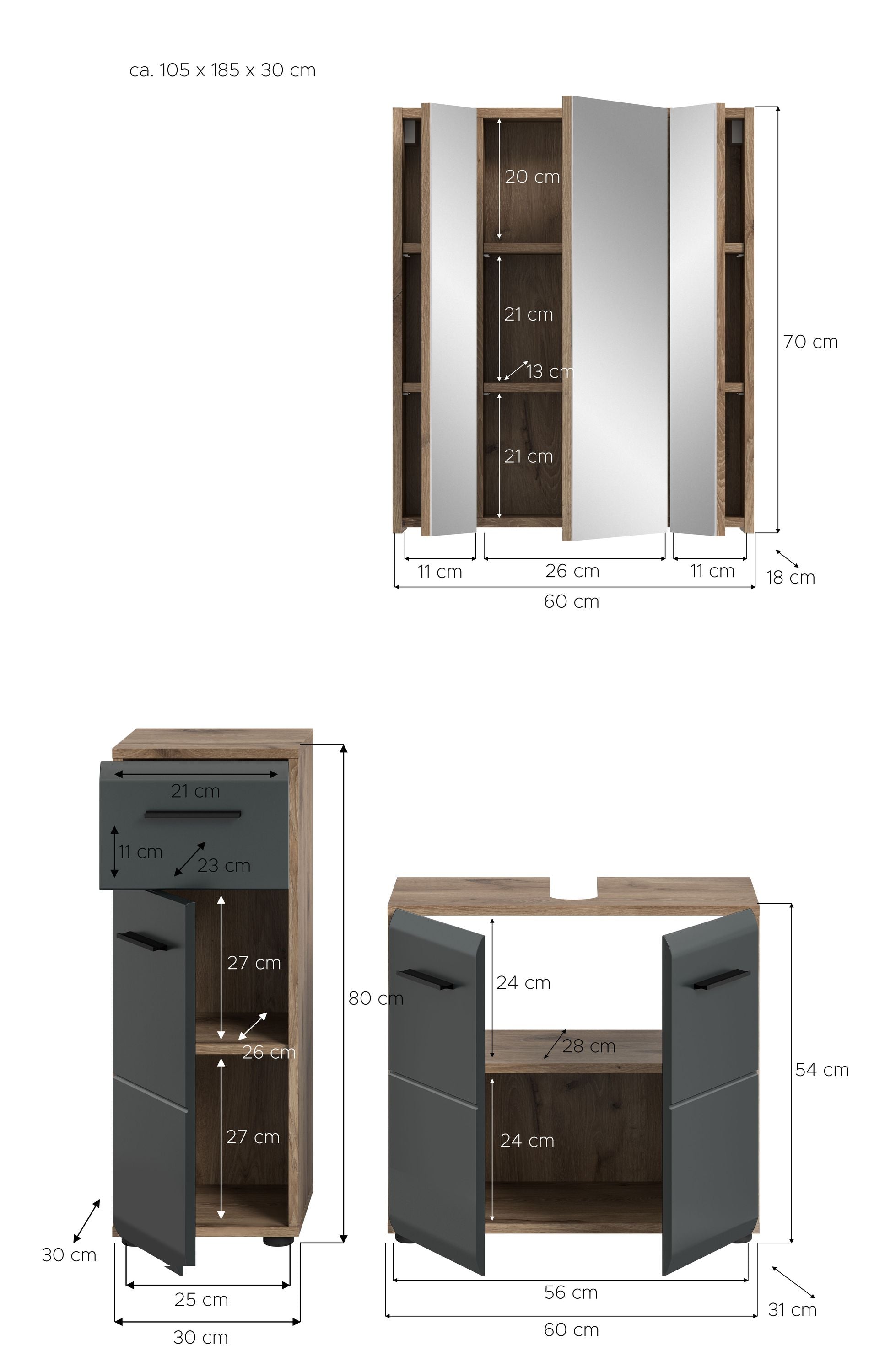 Badmöbel-Set mit Waschbecken, zwei Schubladenfronten und Hochschrank, dunkelgrau