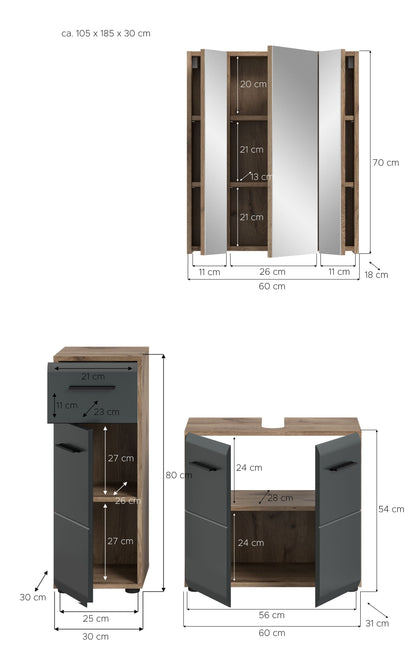 Badmöbel-Set mit Waschbecken, zwei Schubladenfronten und Hochschrank, dunkelgrau