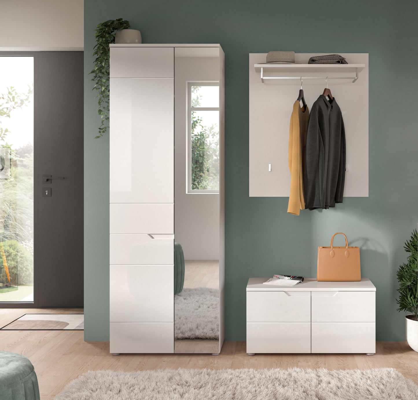 Ensemble de vestibule SOLERO (L/H/P : env. 163/193/37 cm) en blanc/blanc brillant