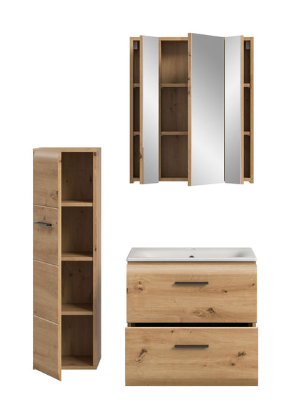 Badmöbel-Set mit geöffnetem Hochschrank und Spiegelschrank sowie Waschtischunterschrank, Eiche