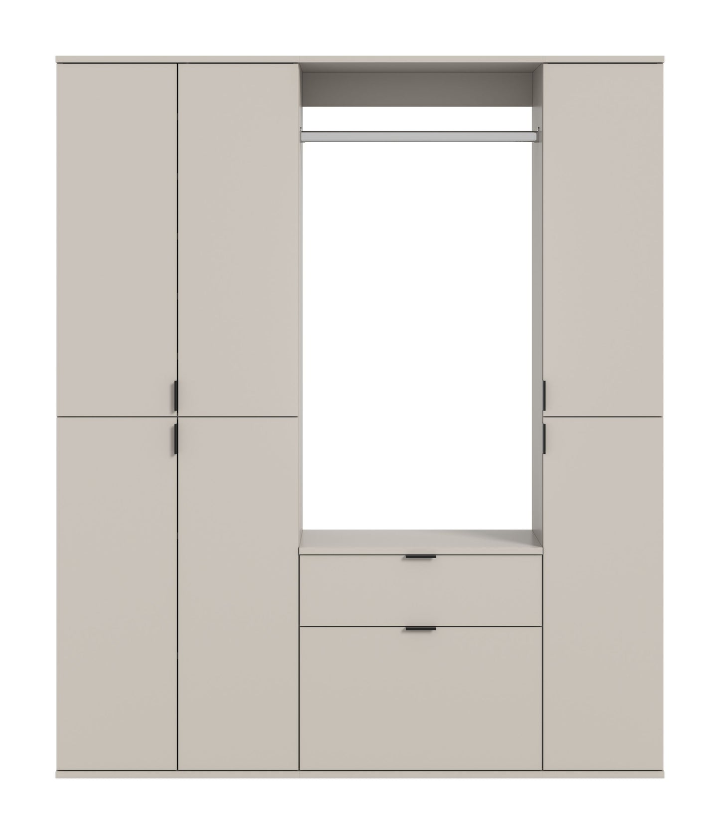 Garderobenschrank mit 4 Türen, grau-beige, geöffnetes Fach mit Schubladen und Stange