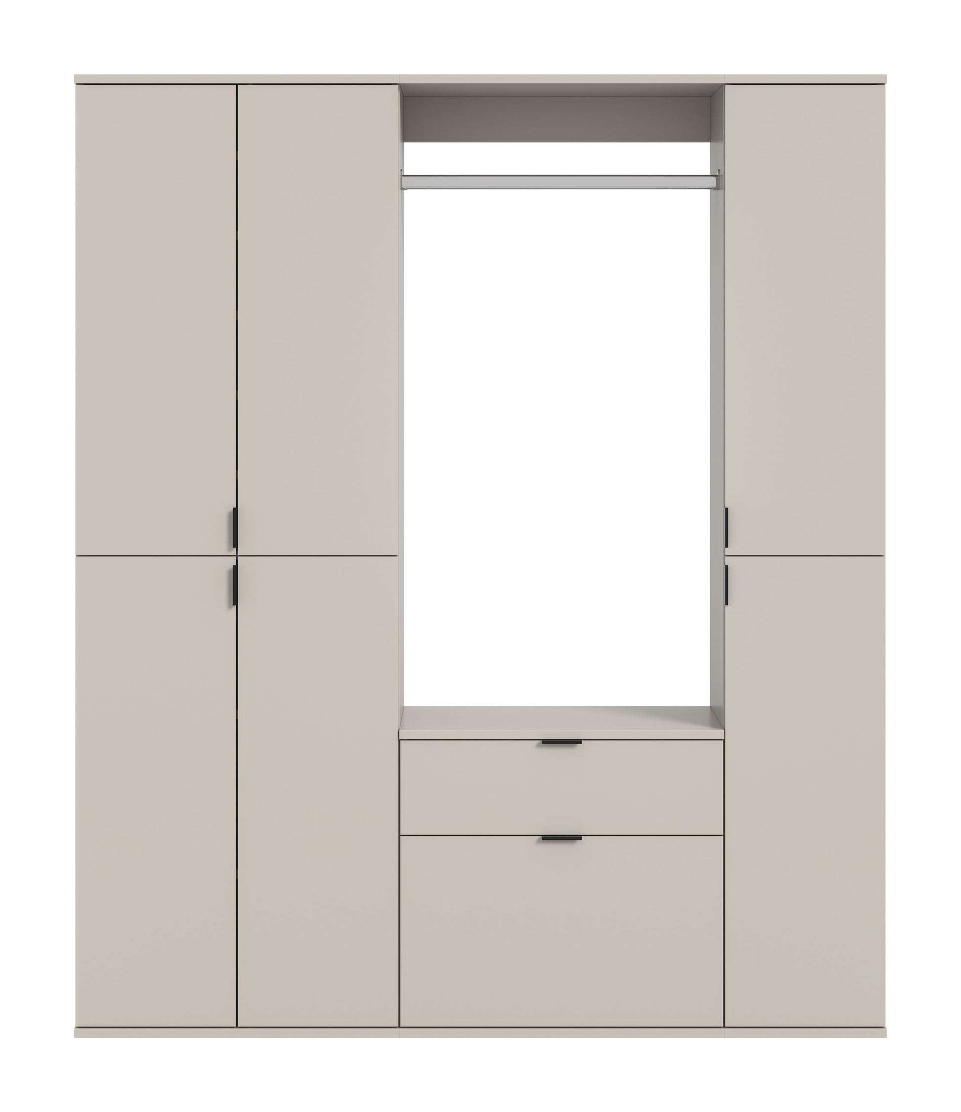 Garderobenschrank mit 4 Türen, grau-beige, geöffnetes Fach mit Schubladen und Stange