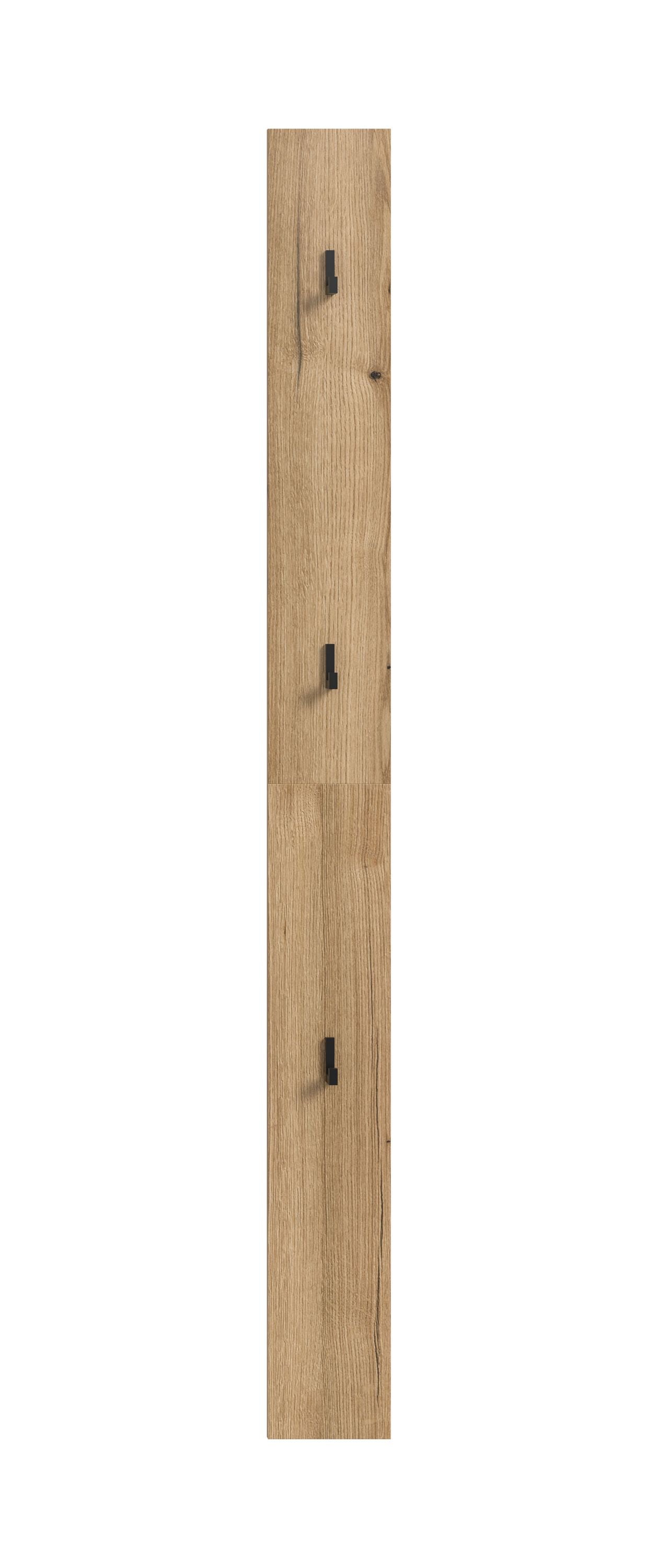 Holz-Garderobenpaneel mit vier schwarzen Haken, vertikales Hakenbrett