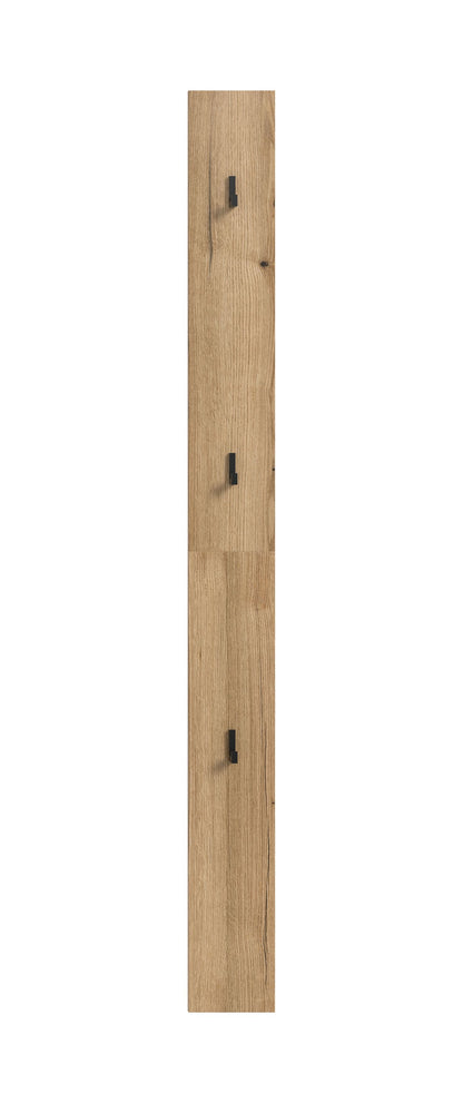 Holz-Garderobenpaneel mit vier schwarzen Haken, vertikales Hakenbrett