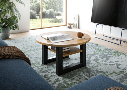 Runder Couchtisch aus Eiche Artisan mit Ablageboden und dunklen Beinen