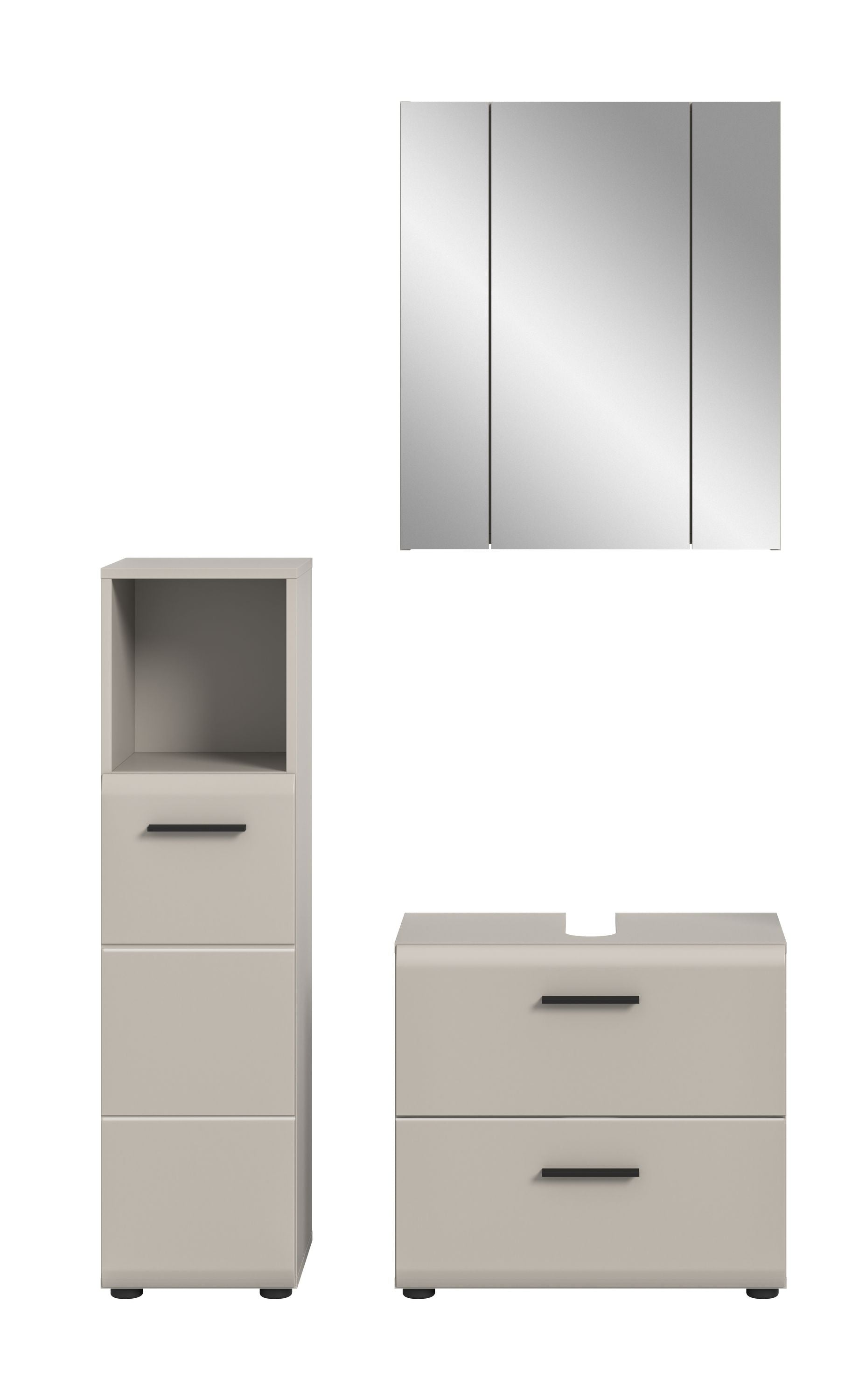 3-teiliges Badmöbel-Set in hellem Grau/Beige mit Spiegel, Schrank und zweischichtiger Kommode