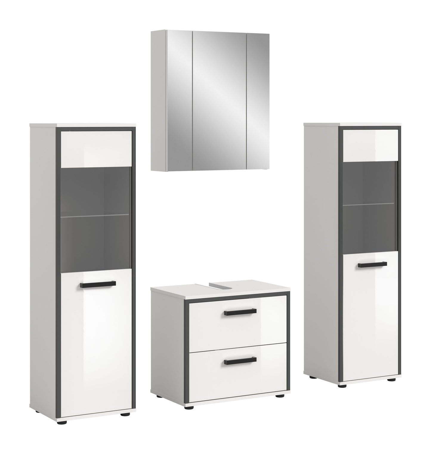 Badmöbel-Set mit zwei Hochschränken und Waschtisch-Element, weiß hochglänzend, graue Fächer
