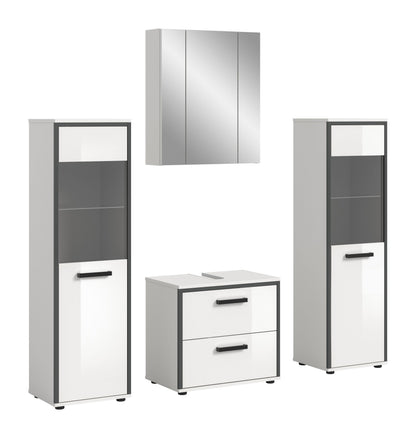 Badmöbel-Set mit zwei Hochschränken und Waschtisch-Element, weiß hochglänzend, graue Fächer