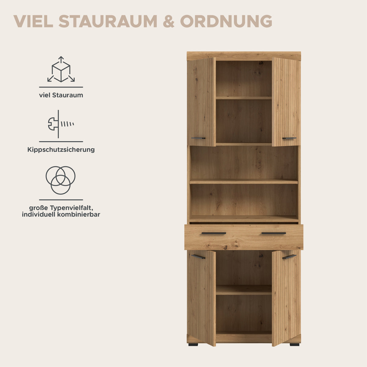 Badhochschrank, offen mit Regalfächern und Türen, Artisan-Eiche-Optik