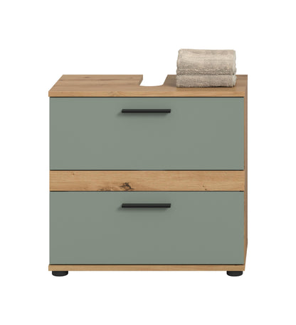 Waschbeckenunterschrank mit 2 Schubladen, türkisgrün, Holzsockel, Griffmulden