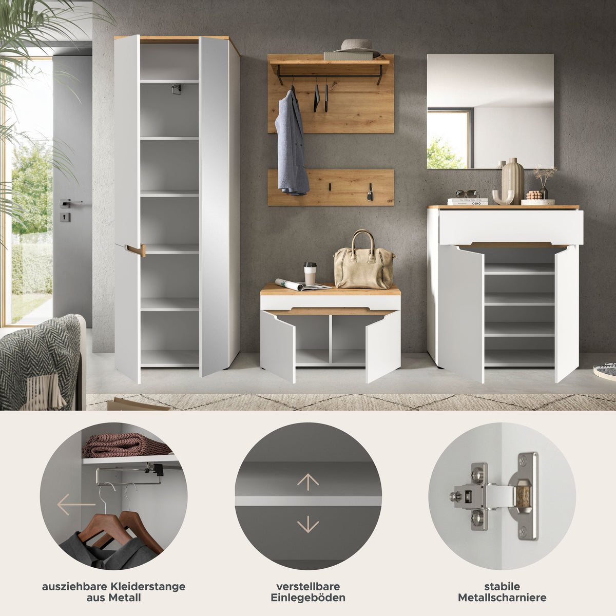 Garderoben-Set mit geöffneten Türen und Ablagefächern: Spiegelschrank, Schuhschrank, Hängeset