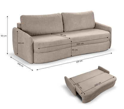 Schlafsofa mit Maßangaben: beiger Stoff, Rückenkissen und Armlehnen