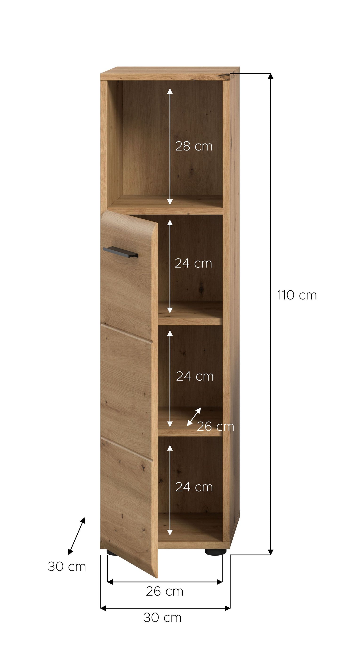 Schmaler Badezimmerschrank mit Maßen: 110 cm Höhe, 30 cm Breite, 30 cm Tiefe