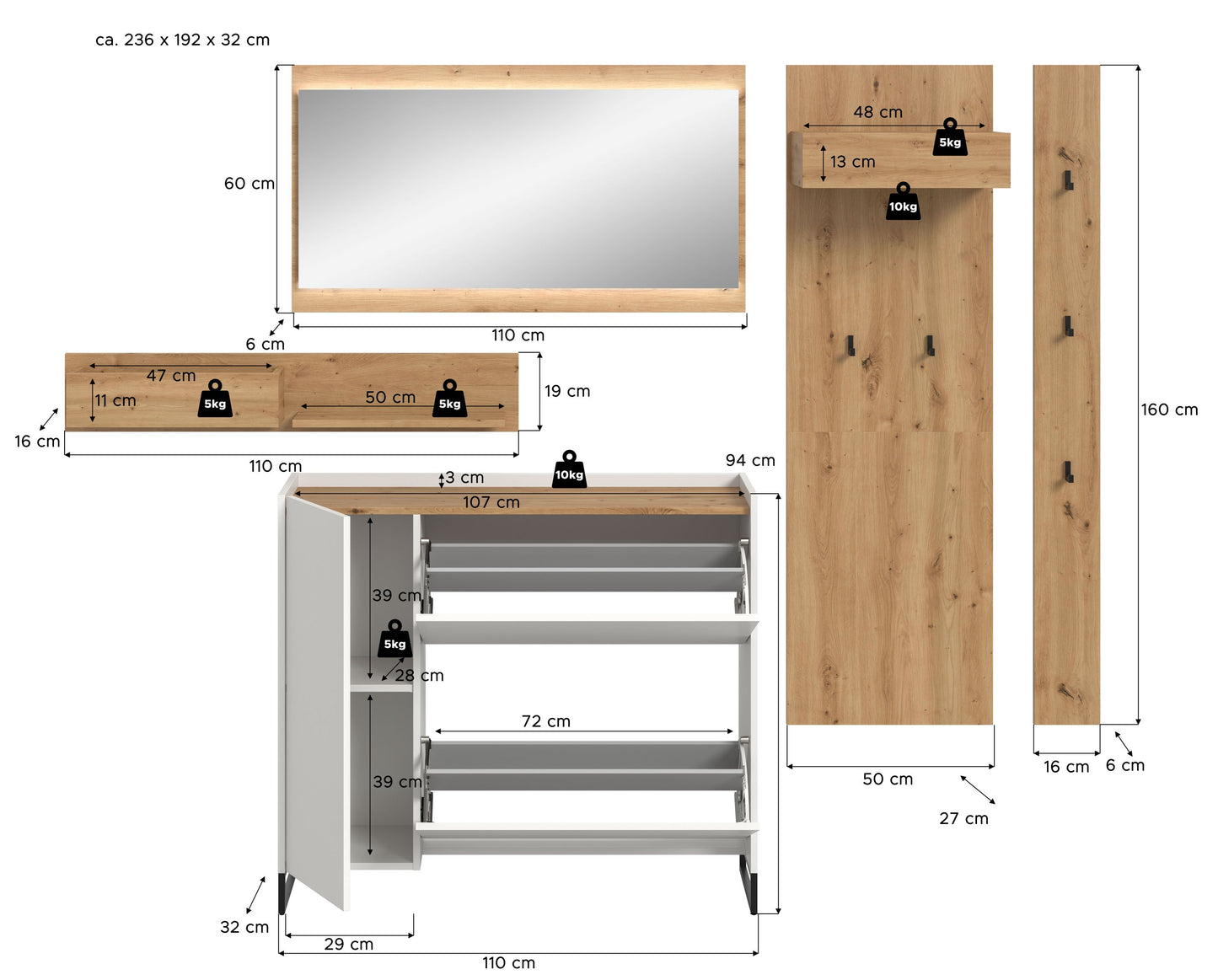 Ensemble d'entrée DRIVE (L/H/P : env. 236/192/32 cm) en sauge/sauge