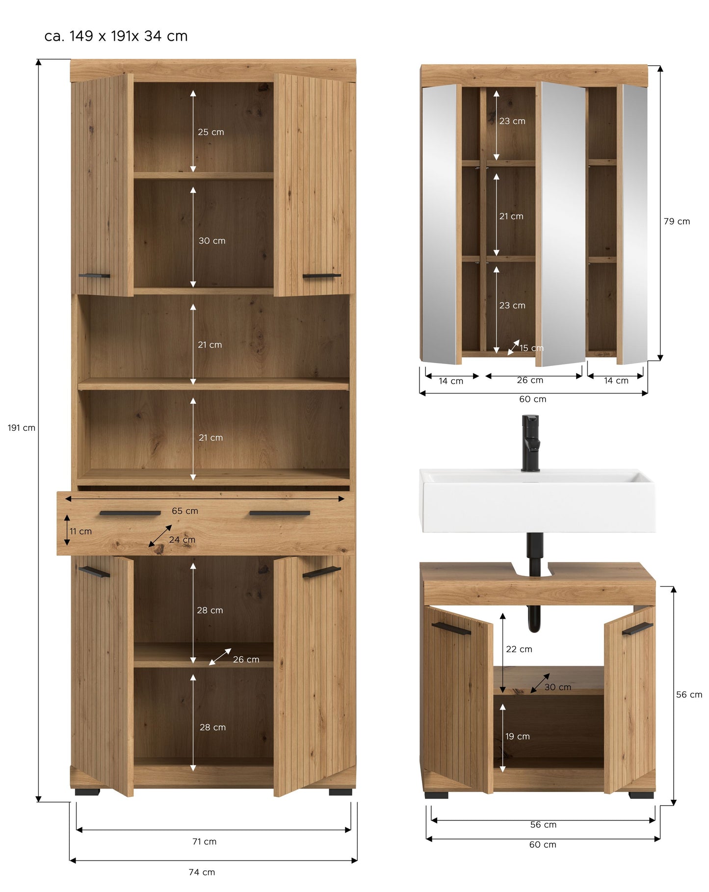 Badezimmerset mit Maßen: hoher Schrank, Spiegelschrank und Waschtisch im Holz-/Weiß-Look