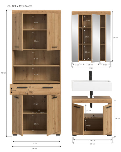 Badezimmerset mit Maßen: hoher Schrank, Spiegelschrank und Waschtisch im Holz-/Weiß-Look