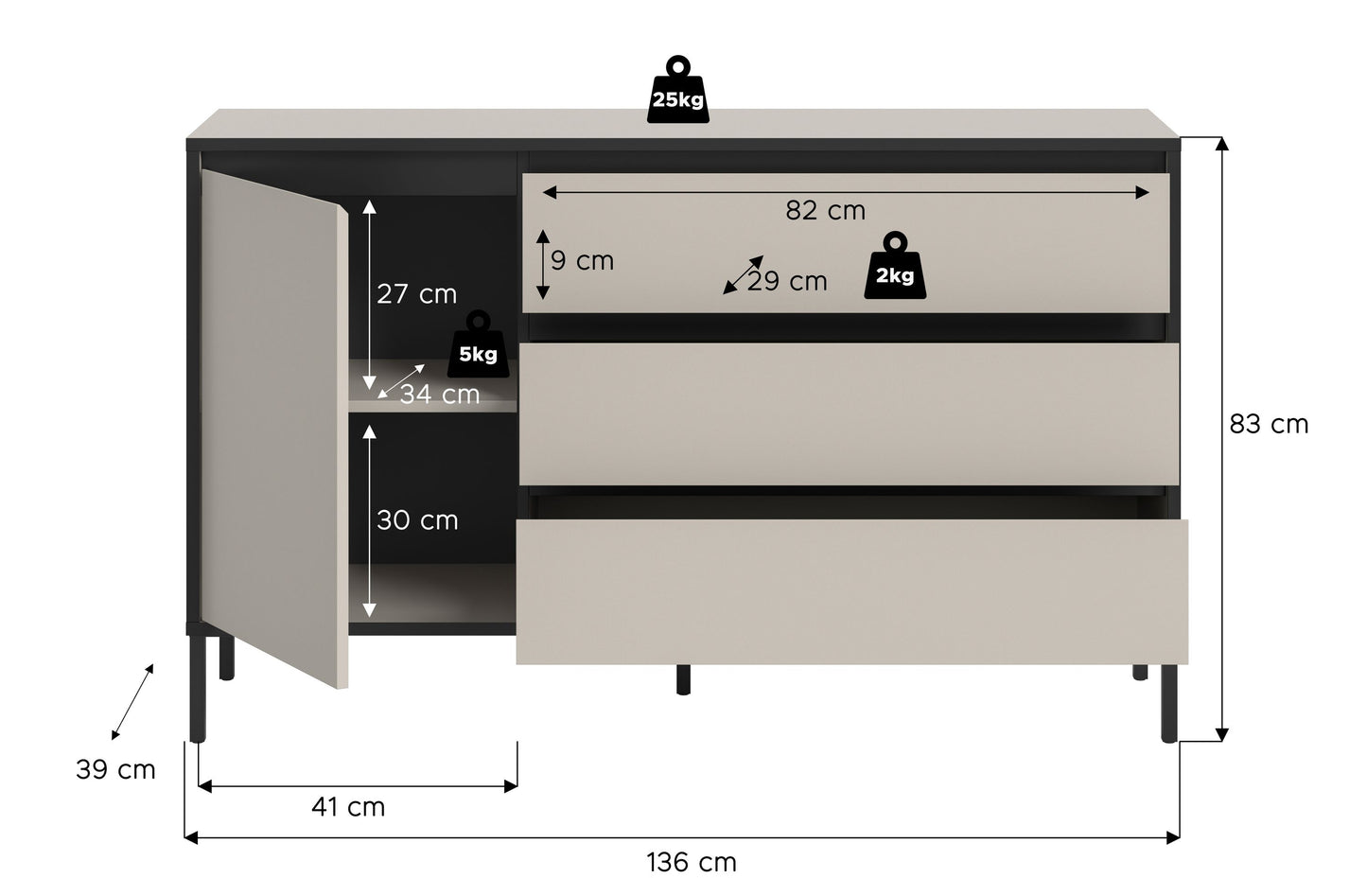 Sideboard mit Maßenangaben, 1 Tür und Schubladenfächern, schwarze Standfüße