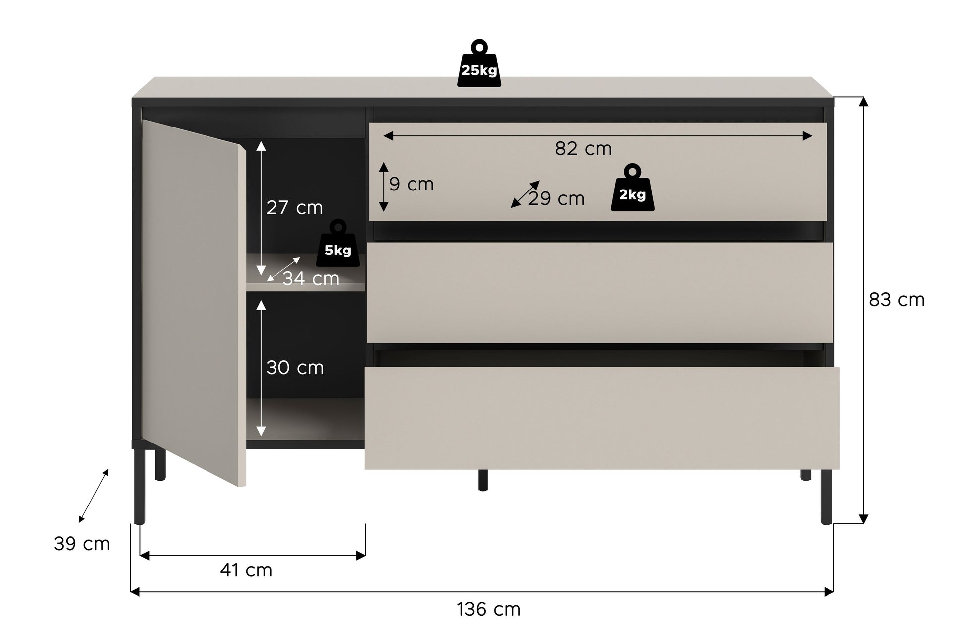 Sideboard mit Maßenangaben, 1 Tür und Schubladenfächern, schwarze Standfüße
