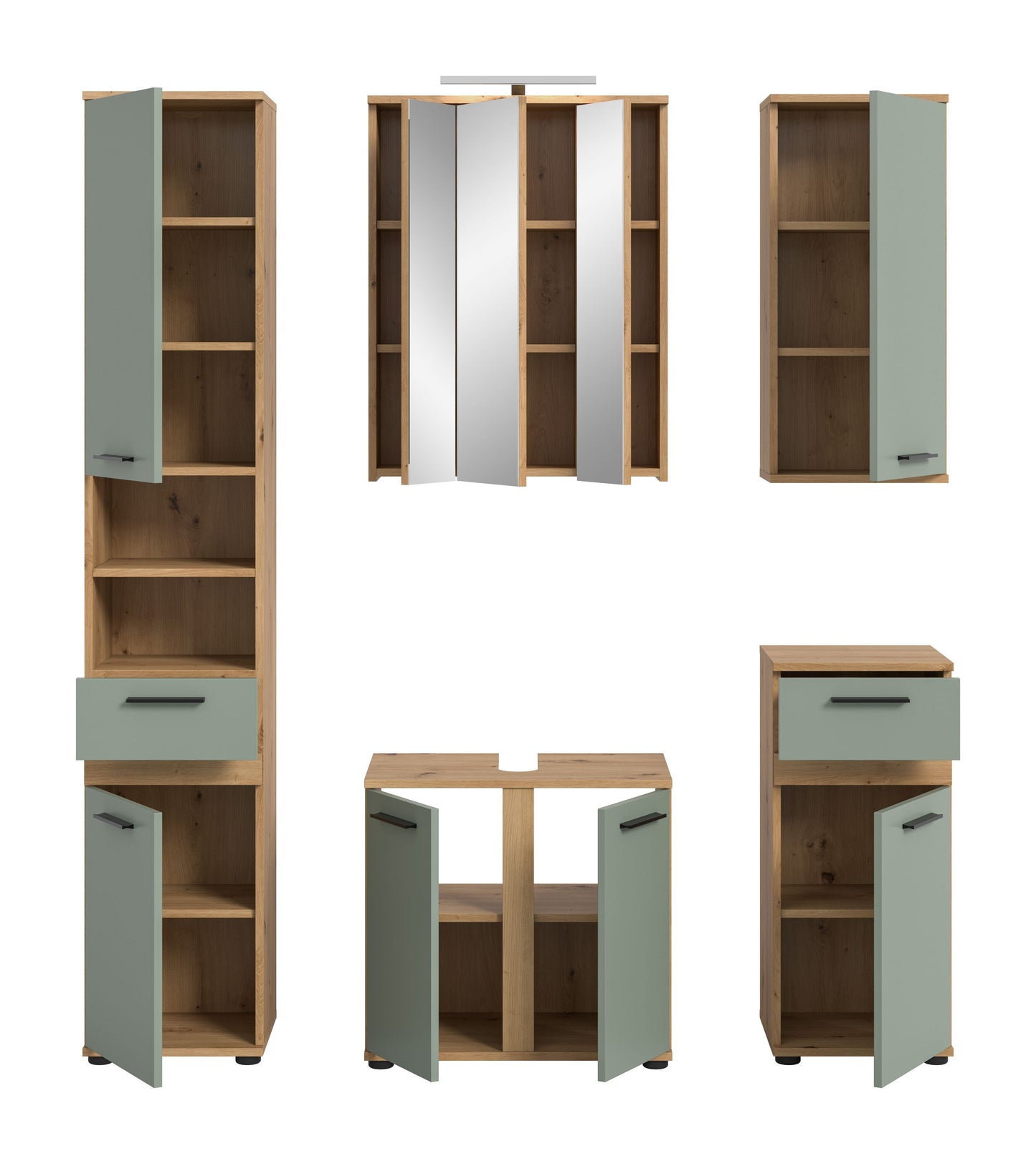 Badezimmermöbel-Set: Hochschrank, Spiegelschrank und Waschtisch mit offenen Fächern, Holzdekor, grün