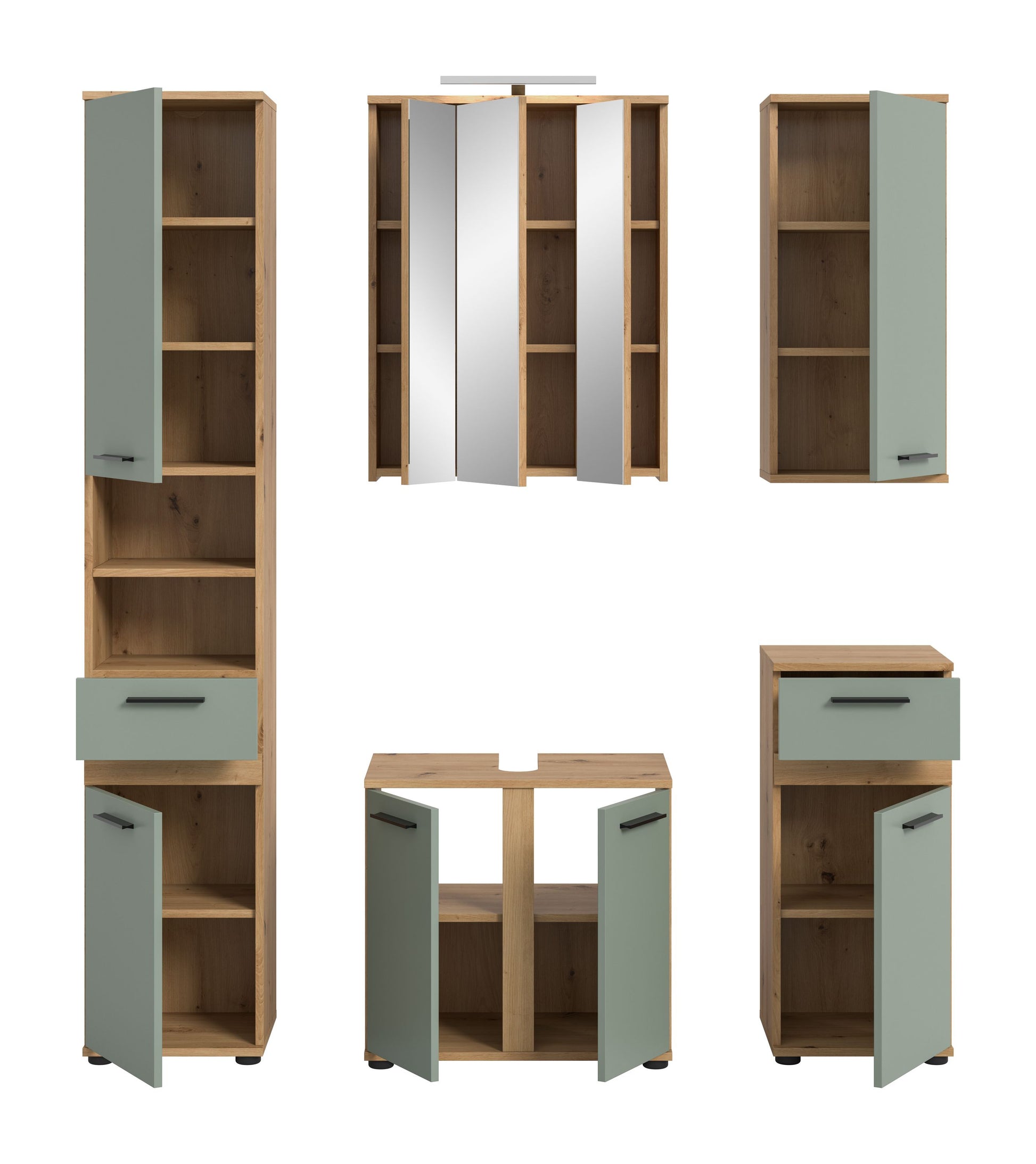 Badezimmermöbel-Set: Hochschrank, Spiegelschrank und Waschtisch mit offenen Fächern, Holzdekor, grün