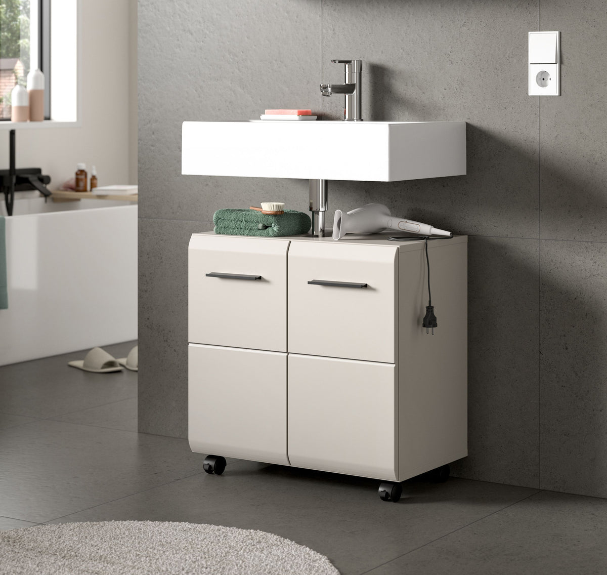 Rolling Washbasin Cabinet ICE (W/H/D: approx. 60/58/30 cm) in Nox Oak finish/matt black