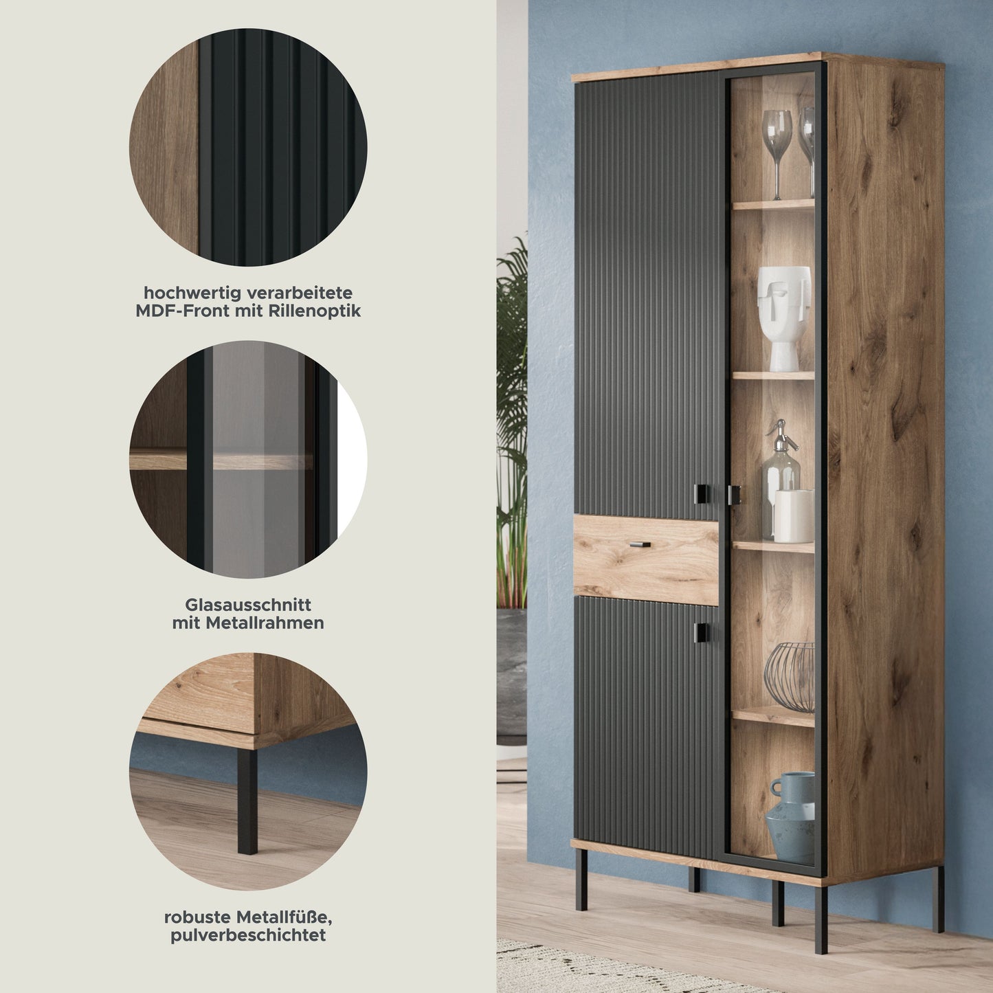 Homes & Jones Vitrinenschrank, Wohnzimmerschrank-mit 4 Deko Fächer, Wohnmöbel