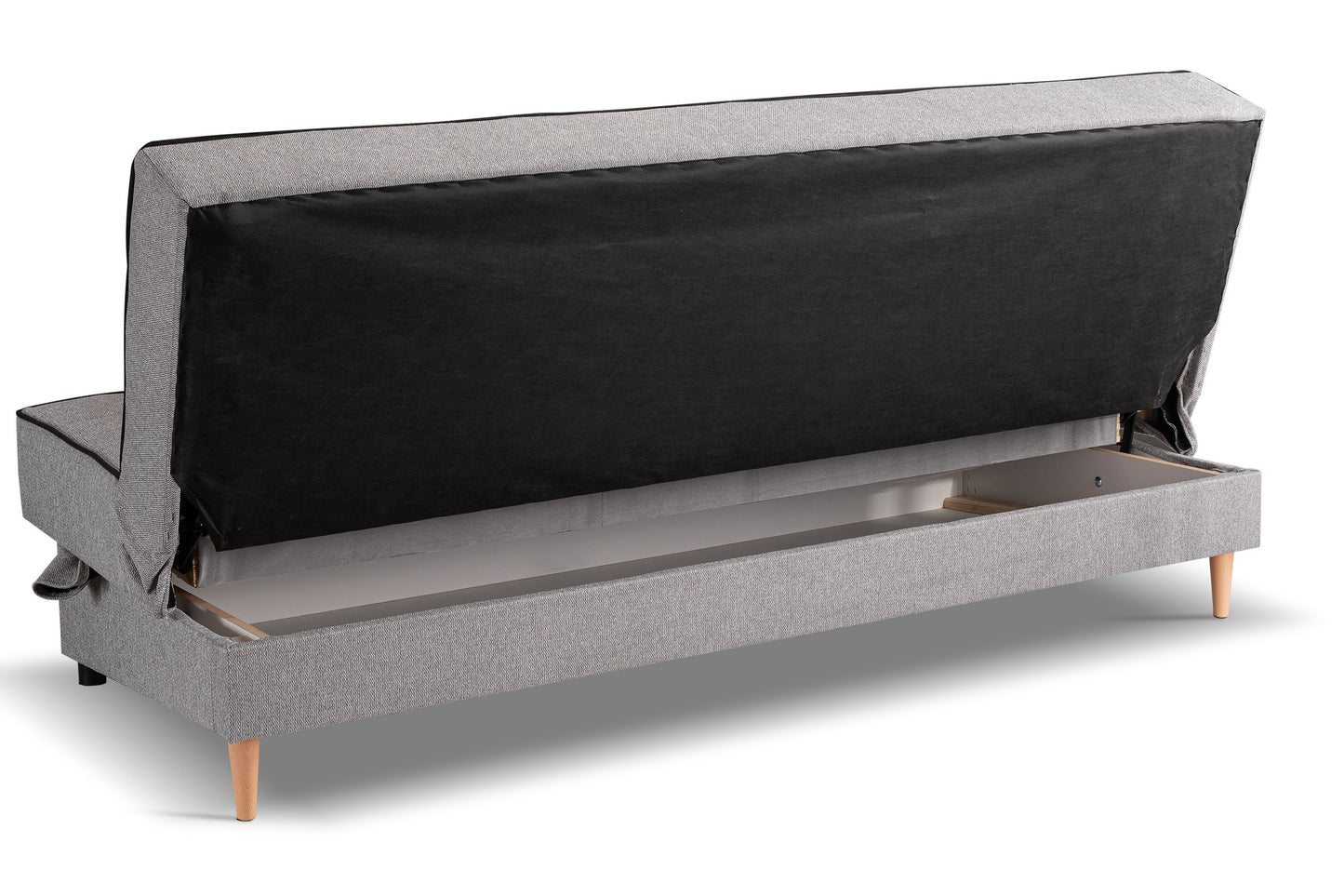 Schlafsofa mit Schlaffunktion, Seitenansicht, grauer Stoff, schwarze Rückseite hochgeklappt