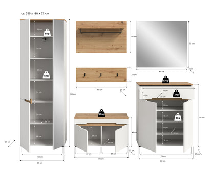 Garderoben-Set mit Maßangaben: Schrank, Schuhbank, Hakenleiste und Wandspiegel