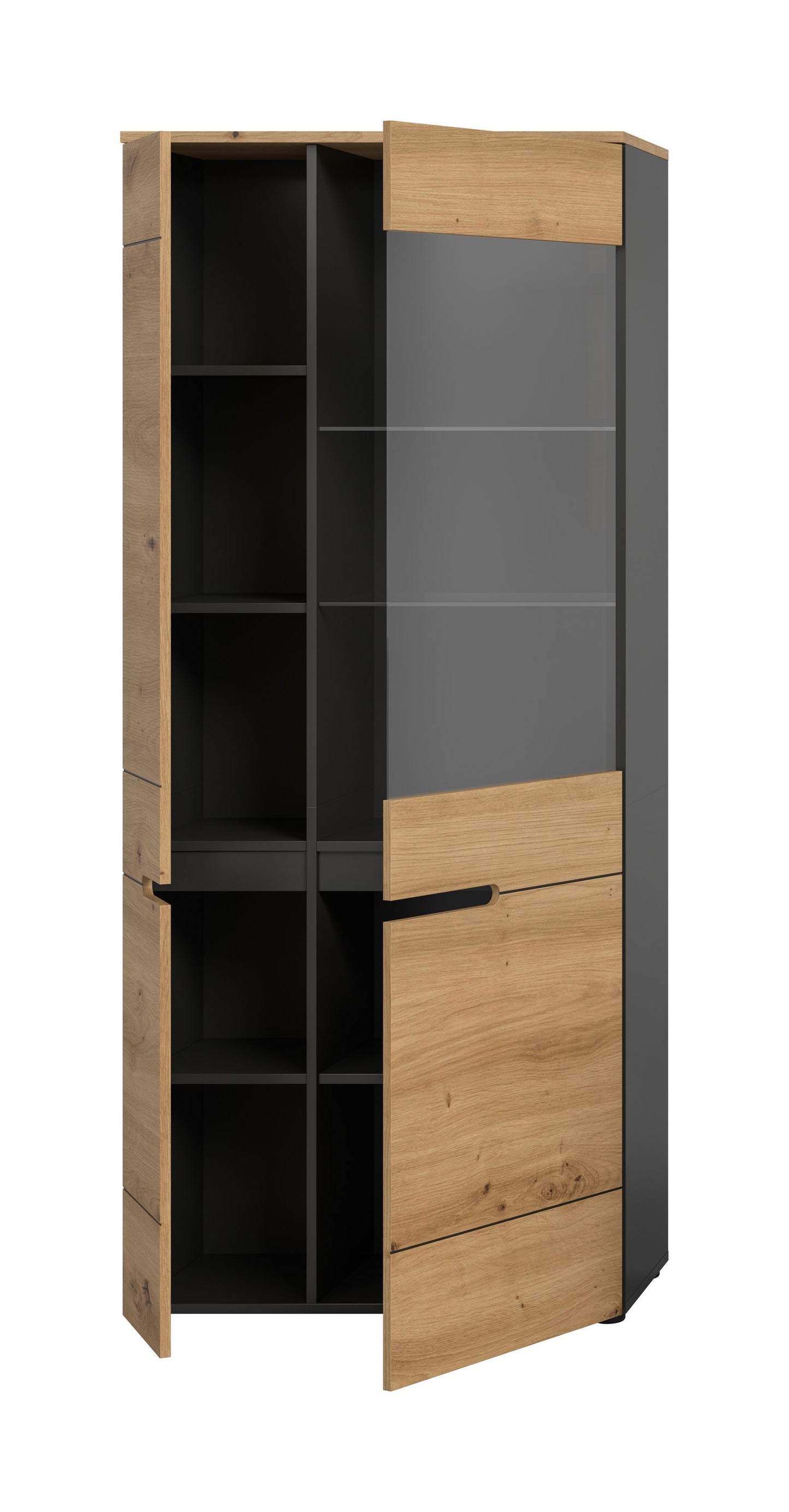 Vitrine-Wohnzimmerschrank in Holzoptik, offen zur Seite, Innenfächer und Glaseinsatz