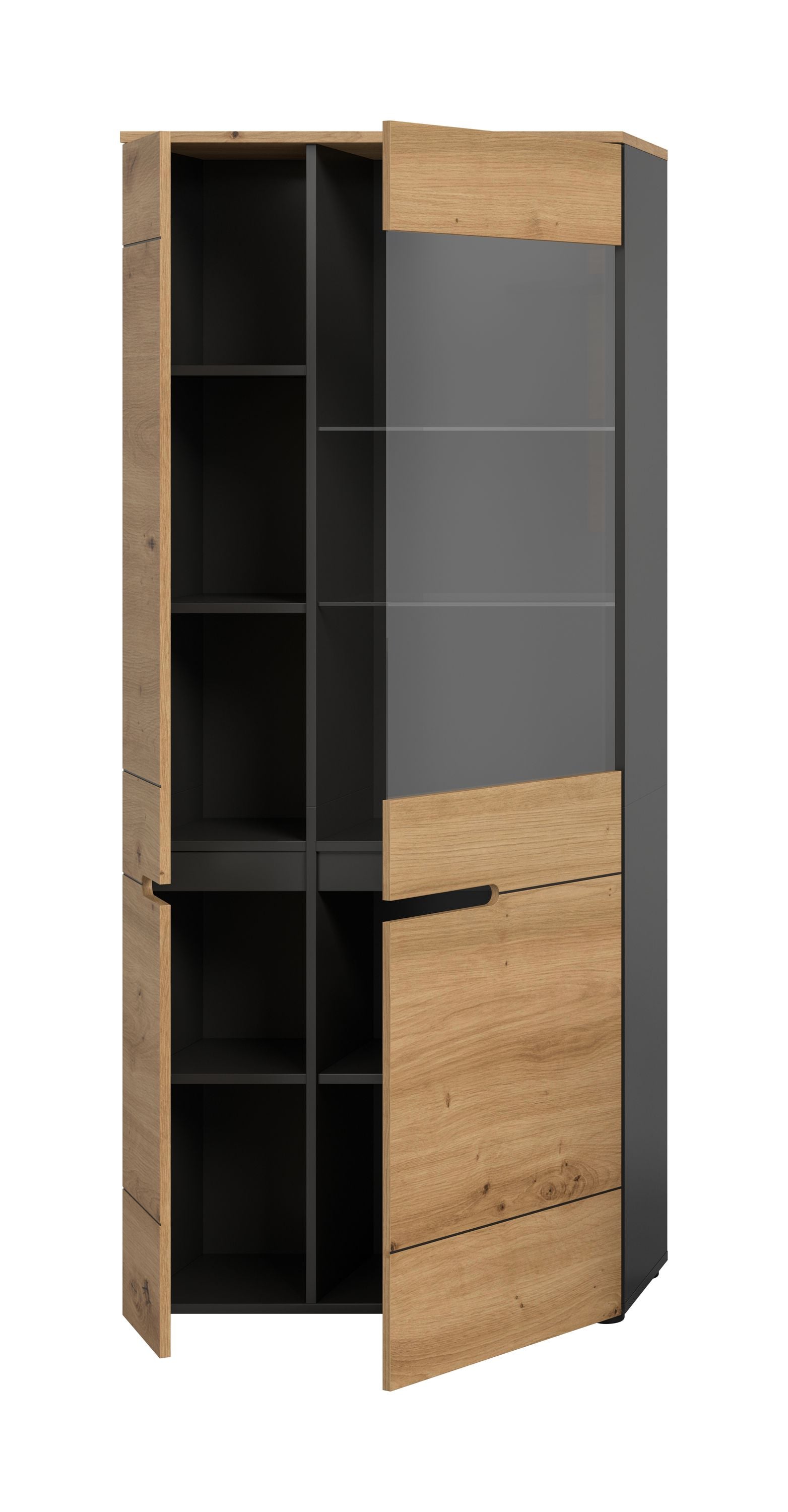 Vitrine-Wohnzimmerschrank in Holzoptik, offen zur Seite, Innenfächer und Glaseinsatz