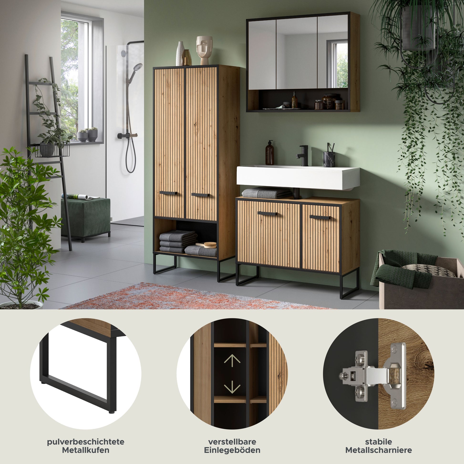 Badmöbel-Set mit Badspiegelschrank über Waschtischunterschrank und Stand schrank, Holzoptik