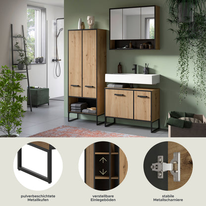 Badmöbel-Set mit Badspiegelschrank über Waschtischunterschrank und Stand schrank, Holzoptik