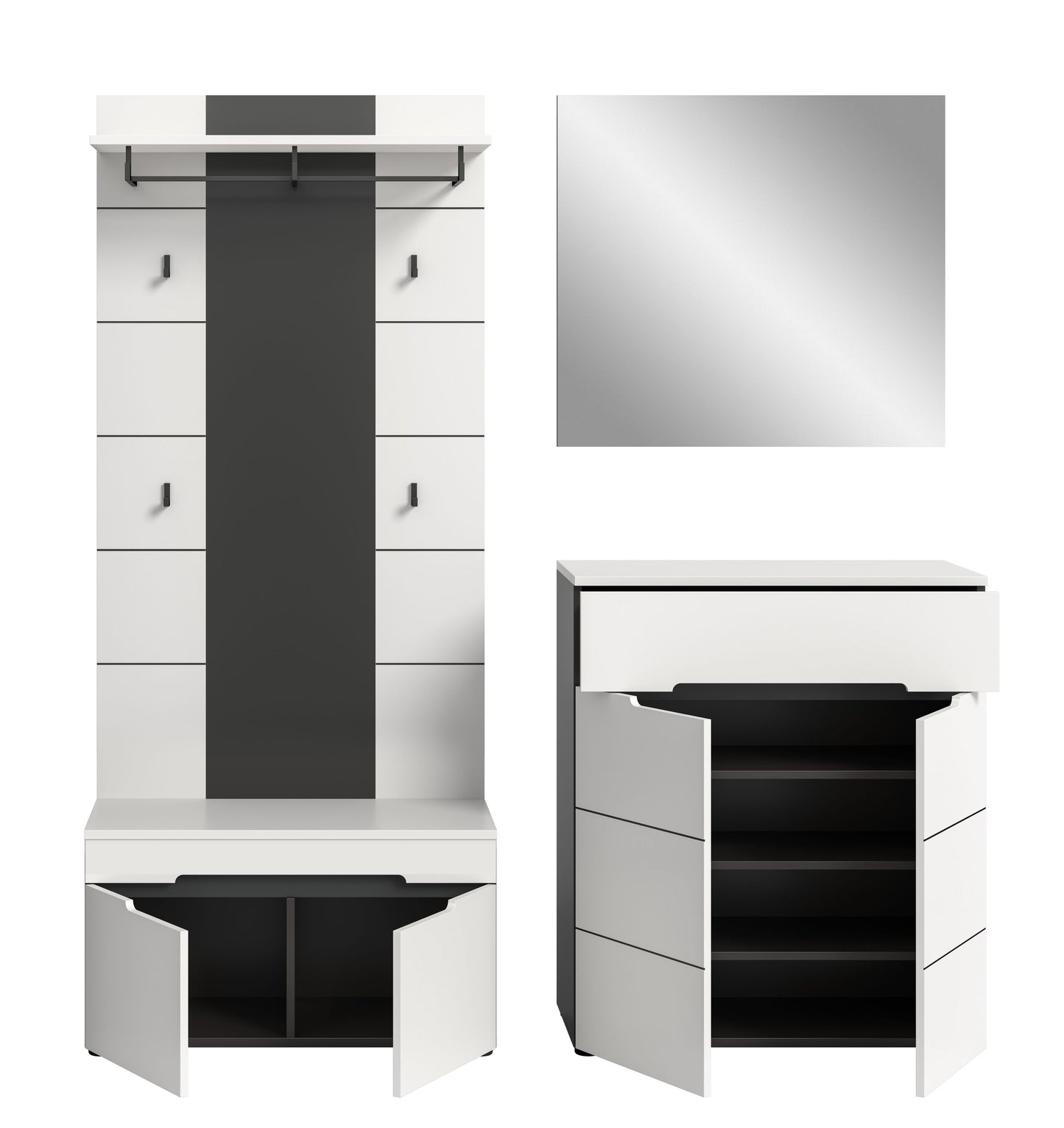 Homes & Jones Garderobenset 4-tlg., 1x Paneel, Sitzbank, Kommode und Spiegel