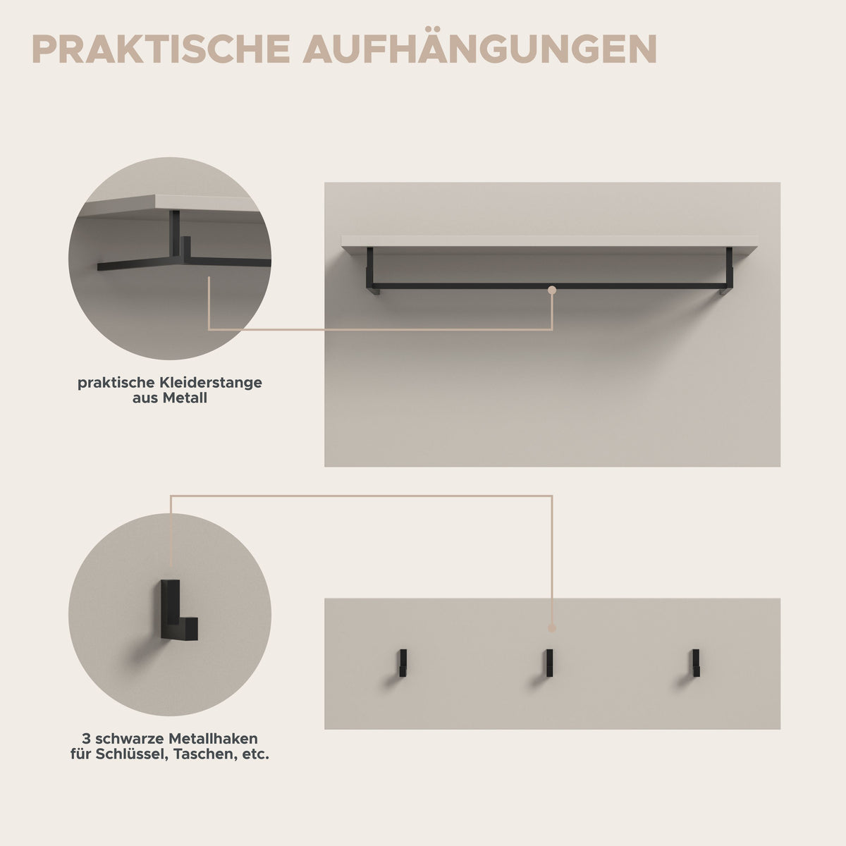 Garderoben-Set mit Metall-Kleiderstange und Haken für Schlüssel und Taschen
