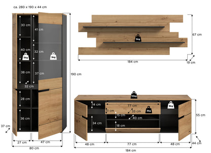 Maßskizze der Anbau-Wohnwand: Vitrine, Lowboard und Wandregale mit Maßen
