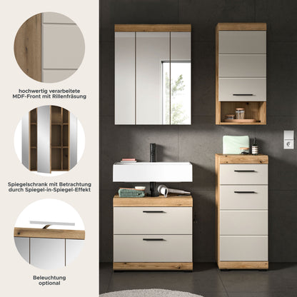 Badezimmerset mit Holzoptik; Detailgrafiken zu MDF-Front, Spiegel-Effekt und optionaler Beleuchtung