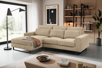 Ecksofa mit Recamiere, beiger Cord-Polsterstoff, niedrige Armlehnen und offene Sitze