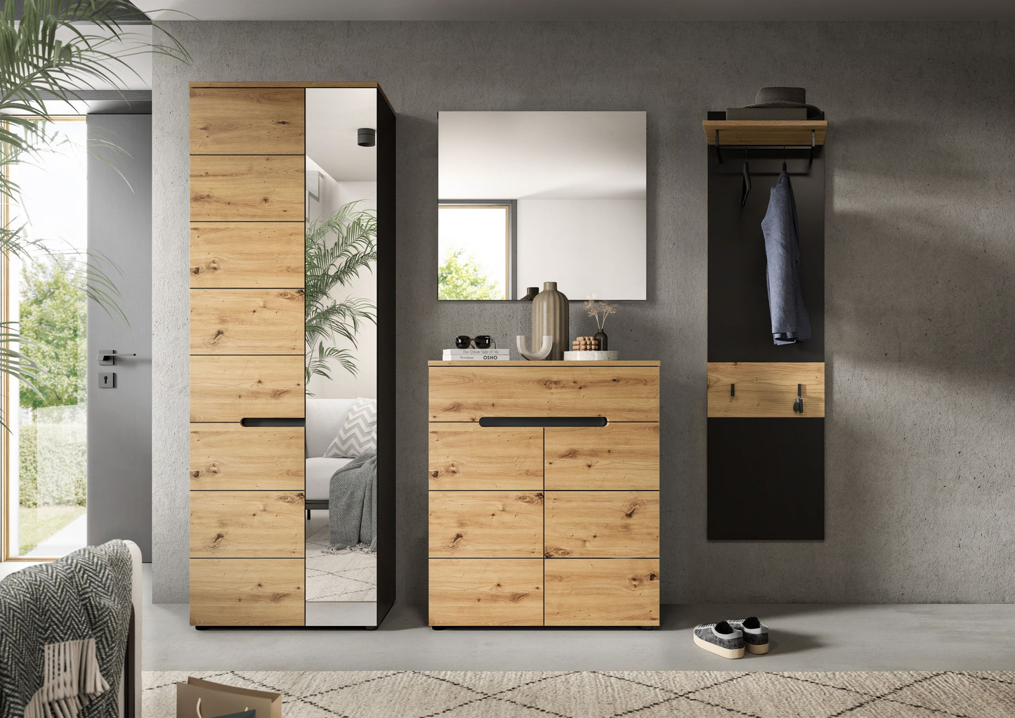 Ensemble de meubles d'entrée CANU (L/H/P : env. 220/190/37 cm) en gris basalte/vert fumé