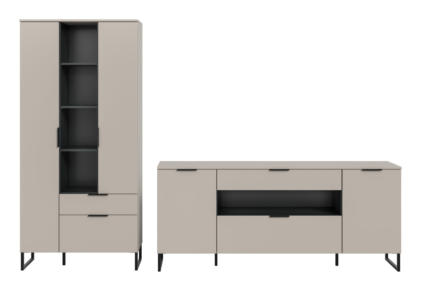 2-tlg. Wohnzimmerschrank-Set in Kaschmirfarben: hoher Schrank und Lowboard mit Klappe, Regal
