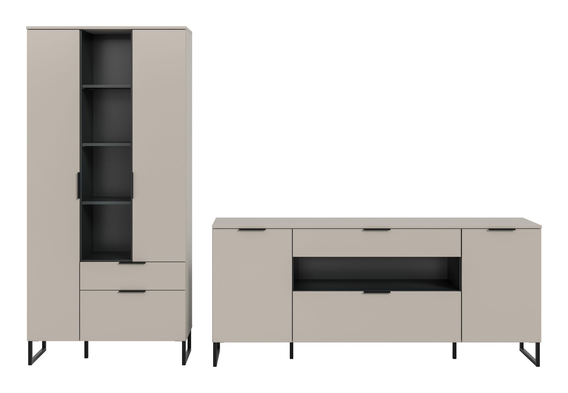 2-tlg. Wohnzimmerschrank-Set in Kaschmirfarben: hoher Schrank und Lowboard mit Klappe, Regal