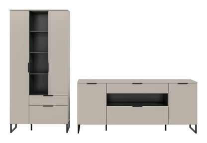 2-tlg. Wohnzimmerschrank-Set in Kaschmirfarben: hoher Schrank und Lowboard mit Klappe, Regal