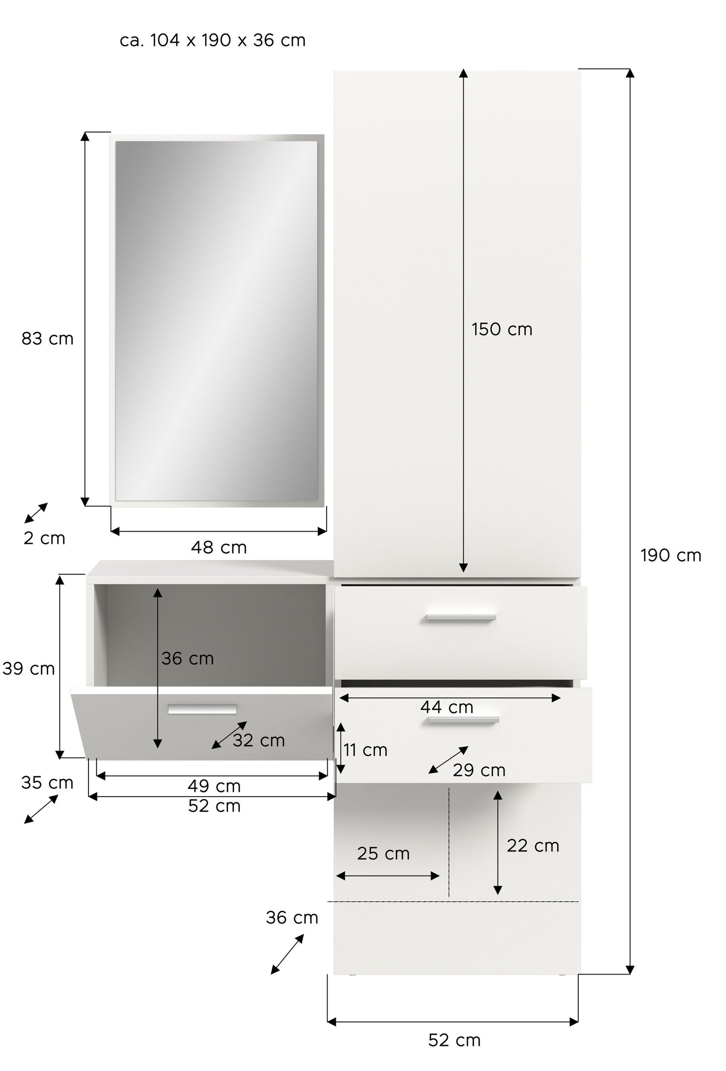 Maßskizze der Homes & Jones Garderobe mit Spiegel, Schubladen und Schrank