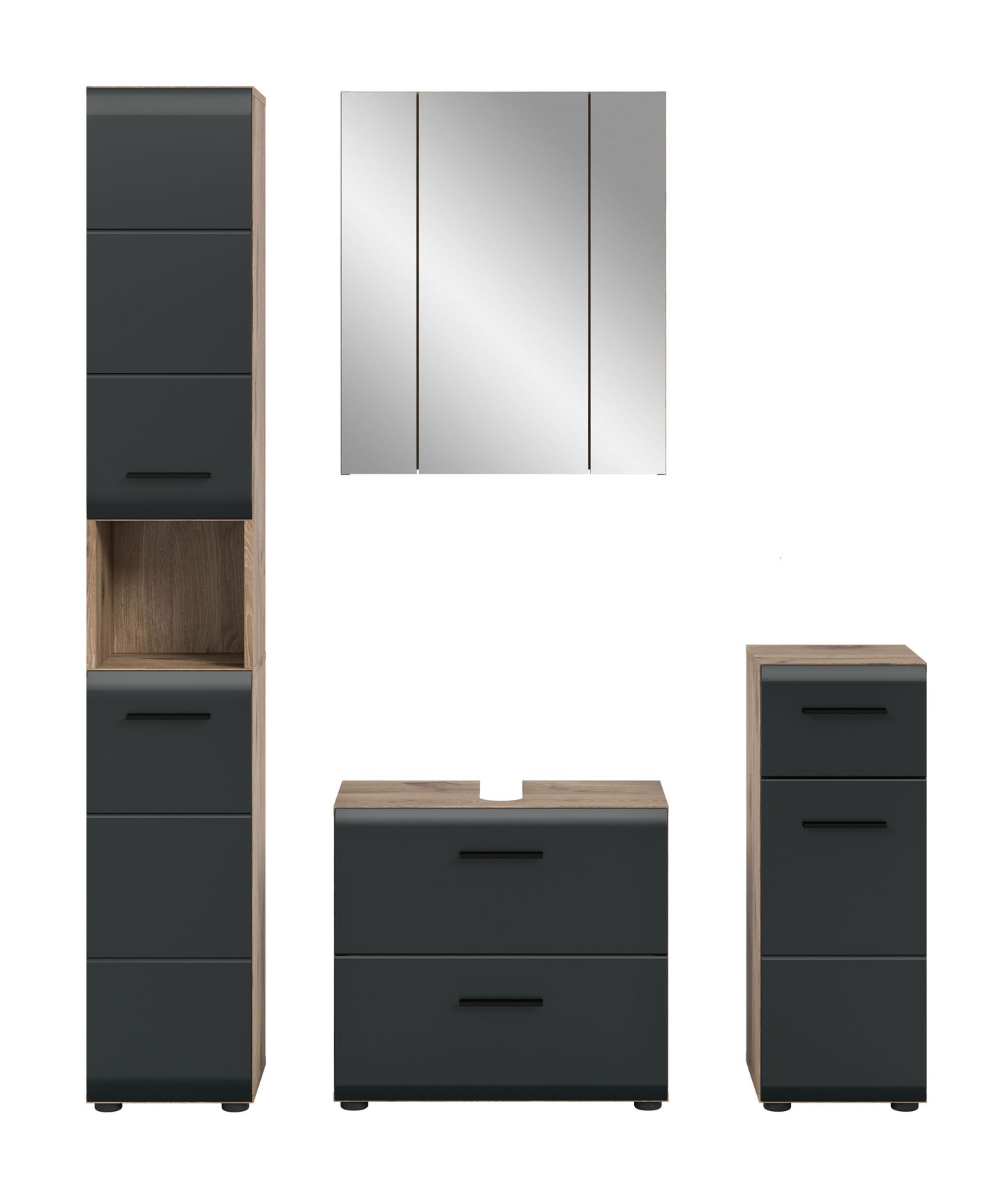Badmöbel-Set 4-tlg. in Dunkelgrau/ Holzoptik: Spiegelschrank, Hochschrank und Unterschränke