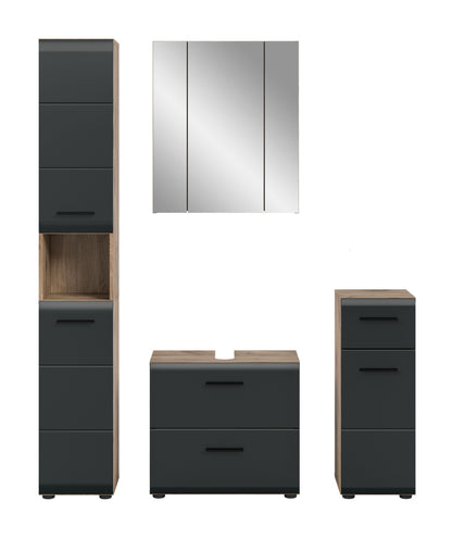 Badmöbel-Set 4-tlg. in Dunkelgrau/ Holzoptik: Spiegelschrank, Hochschrank und Unterschränke